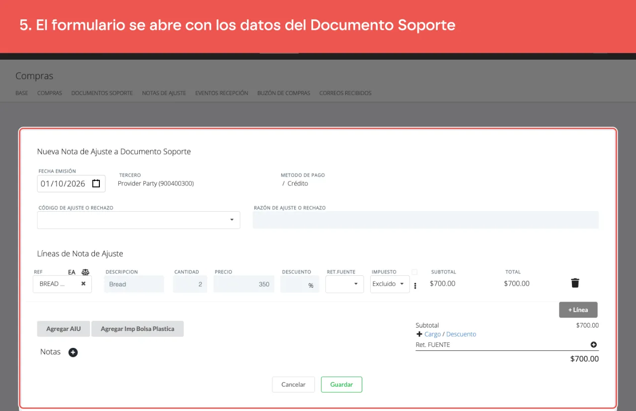 El formulario Nueva Nota de Ajuste a Documento Soporte, con el tercero, el método de pago y las líneas del documento original