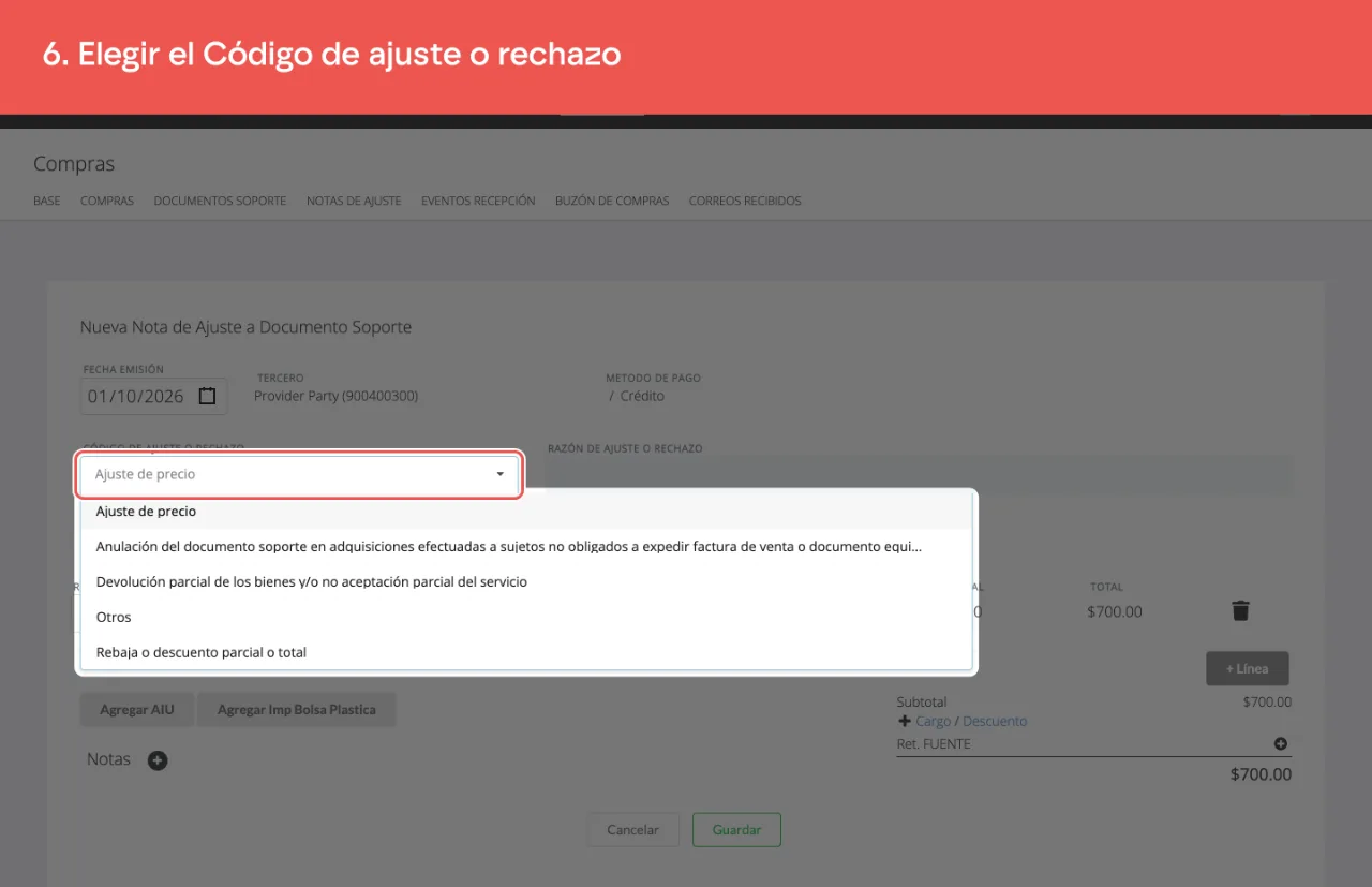 El desplegable Código de ajuste o rechazo abierto, con los motivos de devolución, anulación, rebaja, ajuste de precio y otros