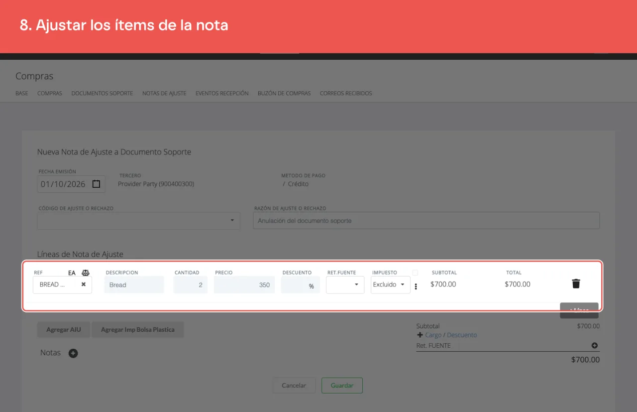 Las líneas de la nota, precargadas desde el documento soporte, con la caneca para quitar las que no se ajustan