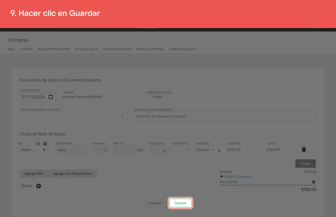 El botón Guardar de la nota de ajuste, junto a Cancelar