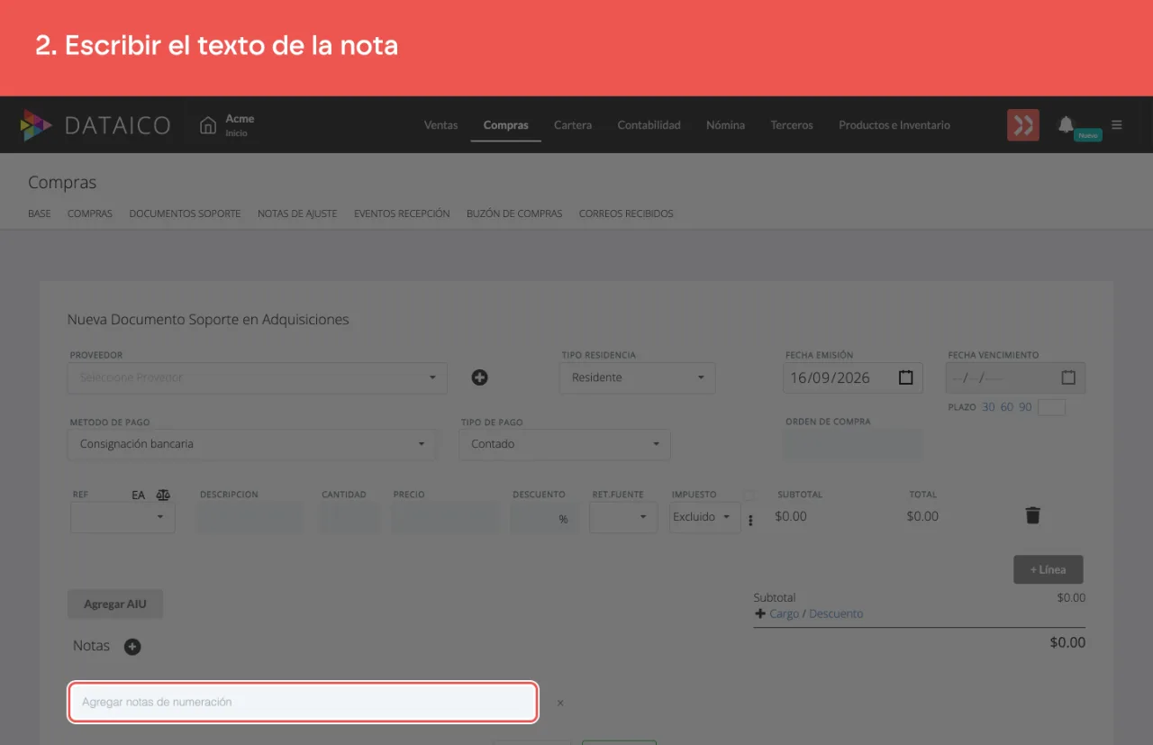 El campo de notas del documento, con el texto escrito