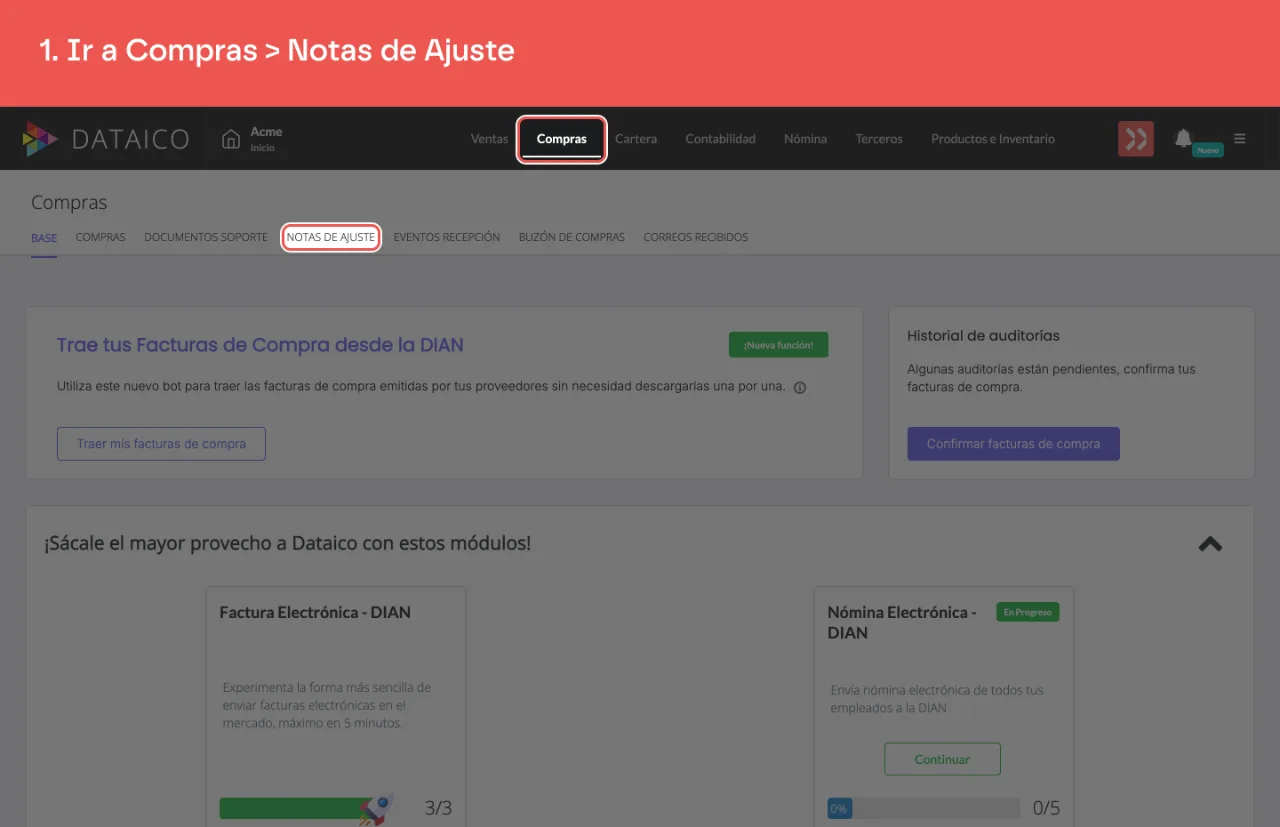 La pestaña Compras del menú principal y la subpestaña Notas de Ajuste