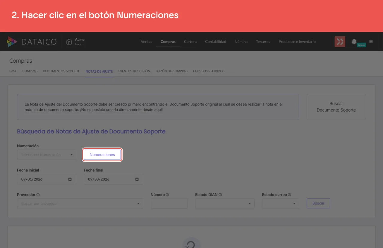 El botón Numeraciones del listado de notas de ajuste