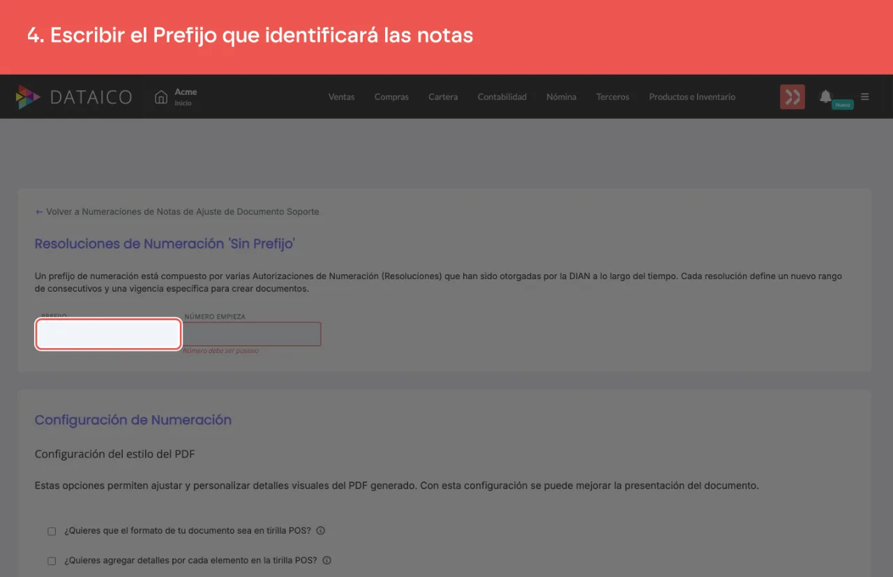 El campo Prefijo de la numeración