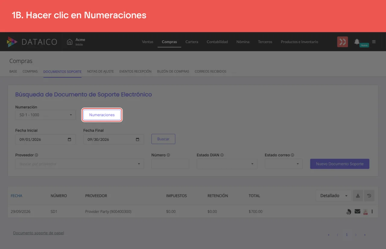 El botón Numeraciones del listado de documentos soporte