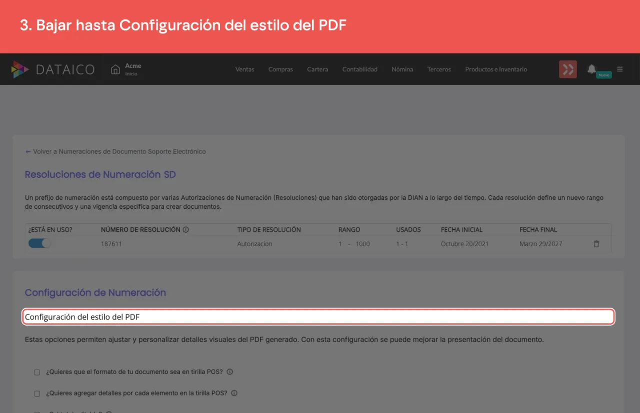 El encabezado de la sección Configuración del estilo del PDF, en la numeración de documentos soporte