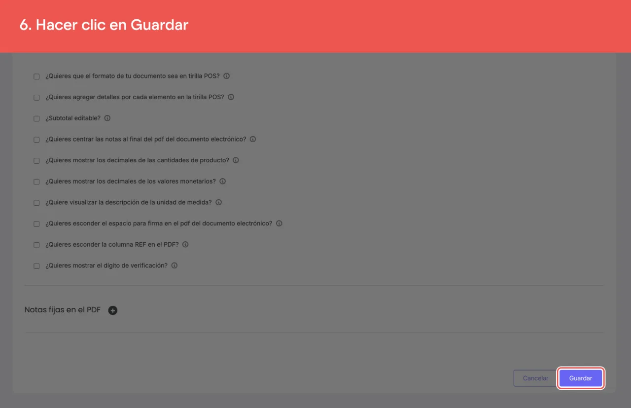 El botón Guardar de la configuración de la numeración de documentos soporte