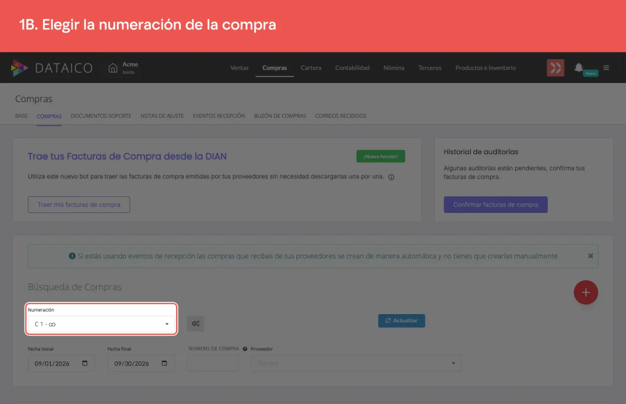El selector de numeración del listado de compras