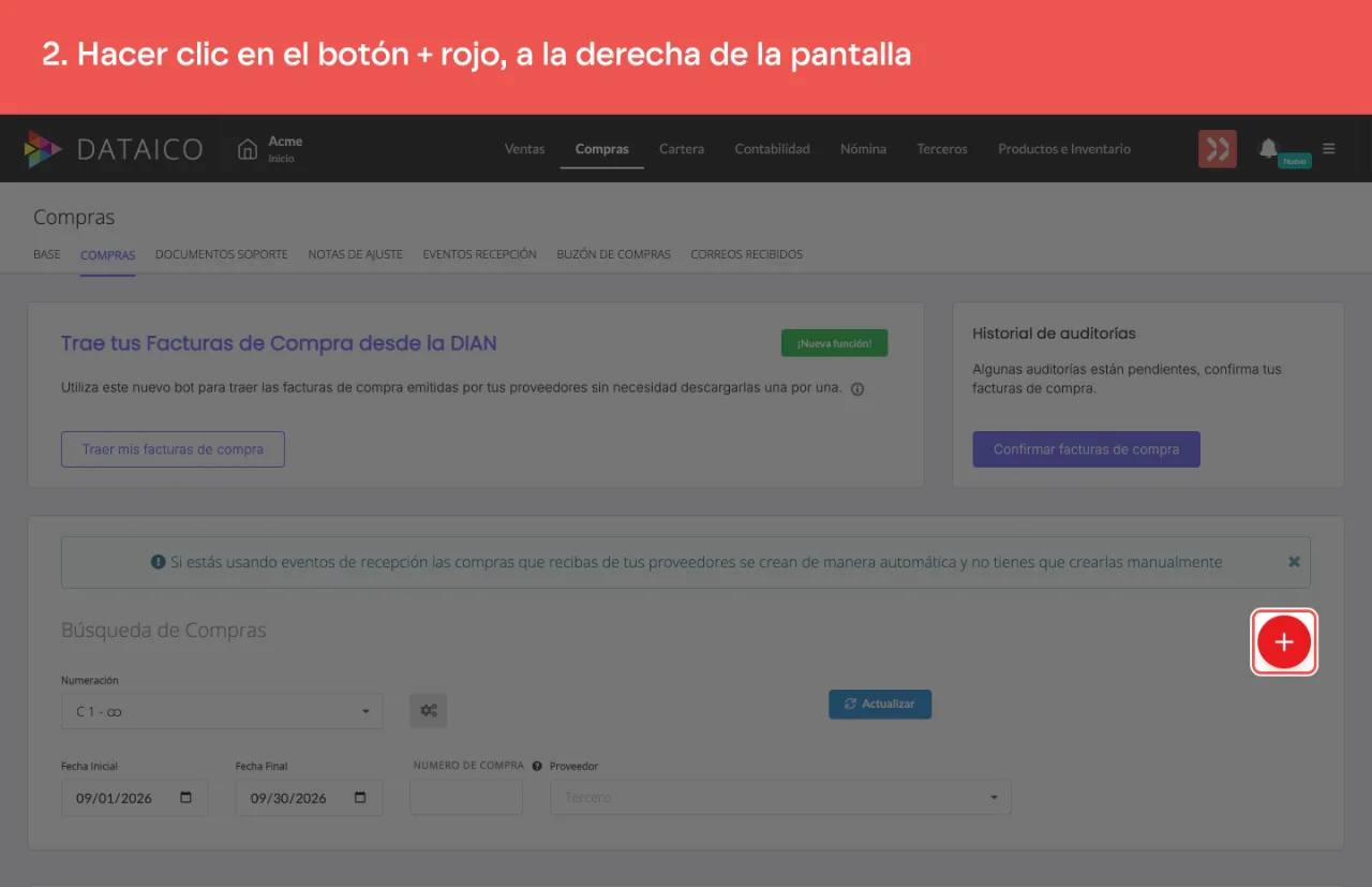 El botón + rojo que abre el formulario de una compra nueva