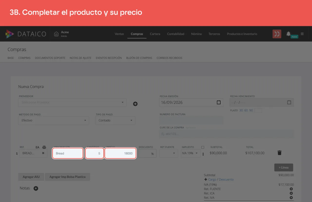 La línea de la compra, con su descripción, cantidad y precio