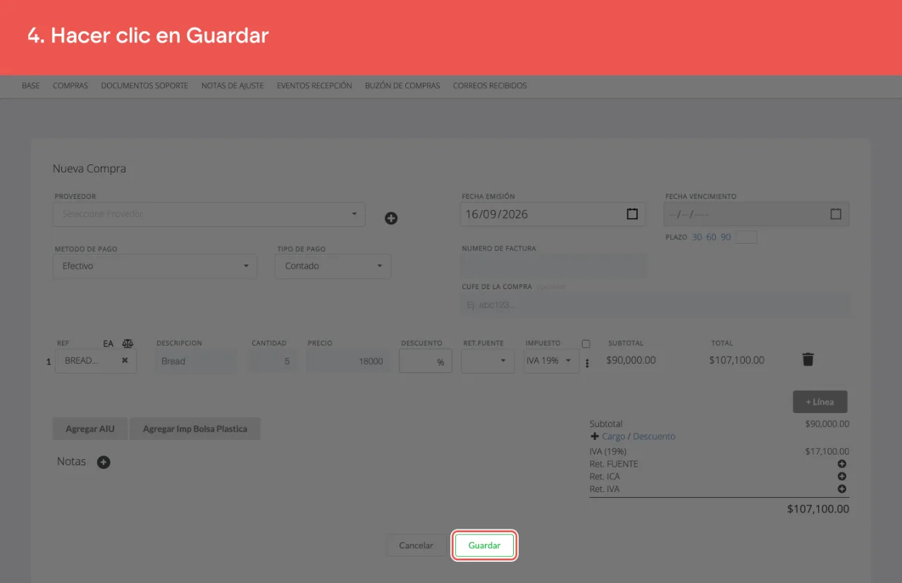El botón Guardar del formulario de compra