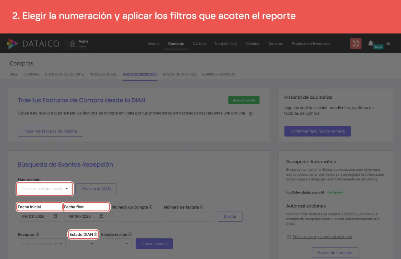 El selector de numeración y los filtros de fecha y estado del listado de eventos