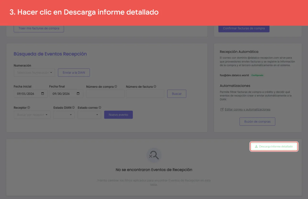 El control que descarga el informe detallado de eventos en Excel
