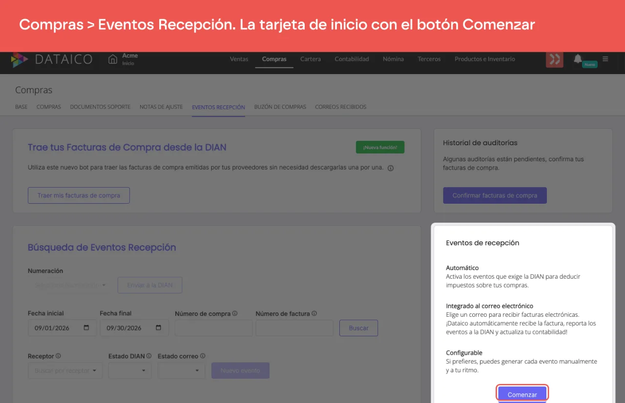 La pestaña Eventos Recepción de Compras, con la tarjeta Eventos de recepción a la derecha (Automático, Integrado al correo electrónico, Configurable) y su botón Comenzar