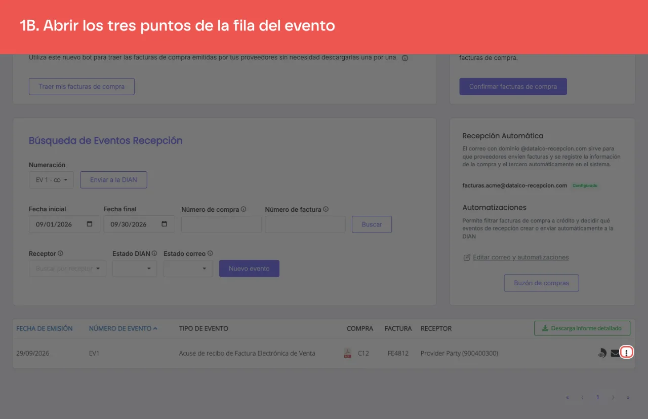 El menú de tres puntos de la fila del evento de recepción