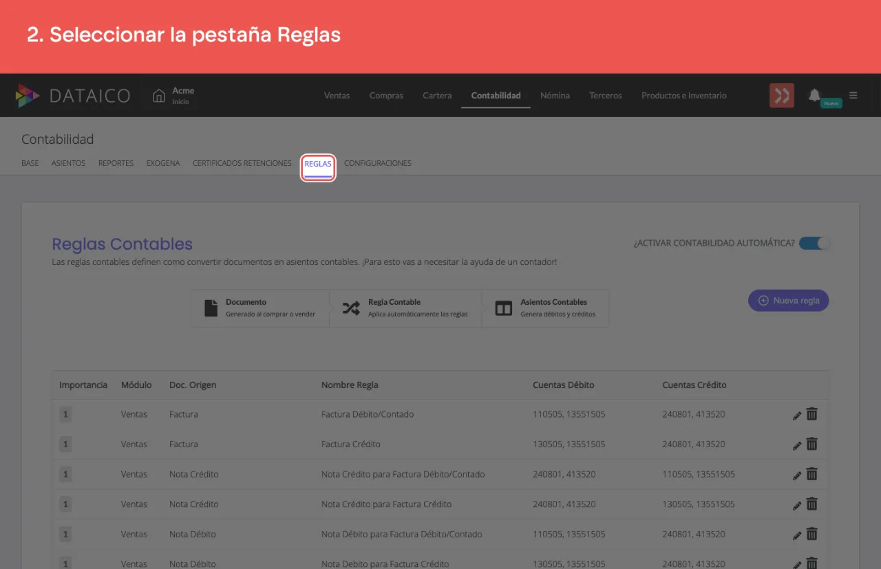 La pestaña Reglas dentro de Contabilidad