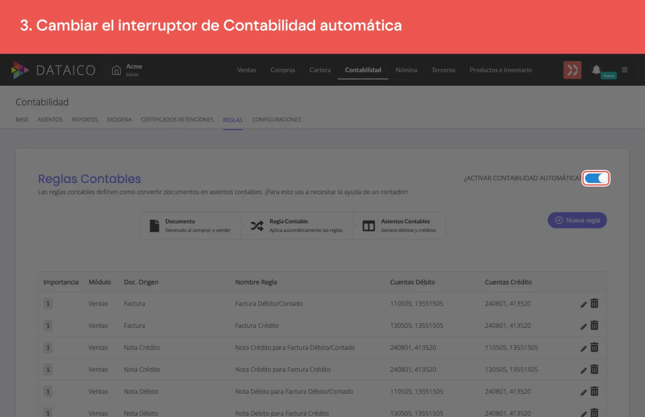 El interruptor de contabilidad automática, arriba a la derecha del listado de reglas