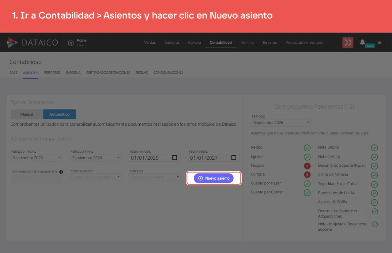 El botón Nuevo asiento, a la derecha de la barra de filtros