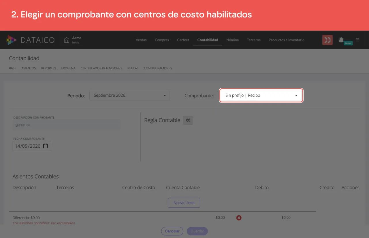 El selector de comprobante, arriba del formulario del asiento