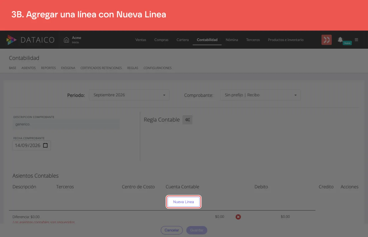 El botón Nueva Linea, debajo de la tabla de asientos contables