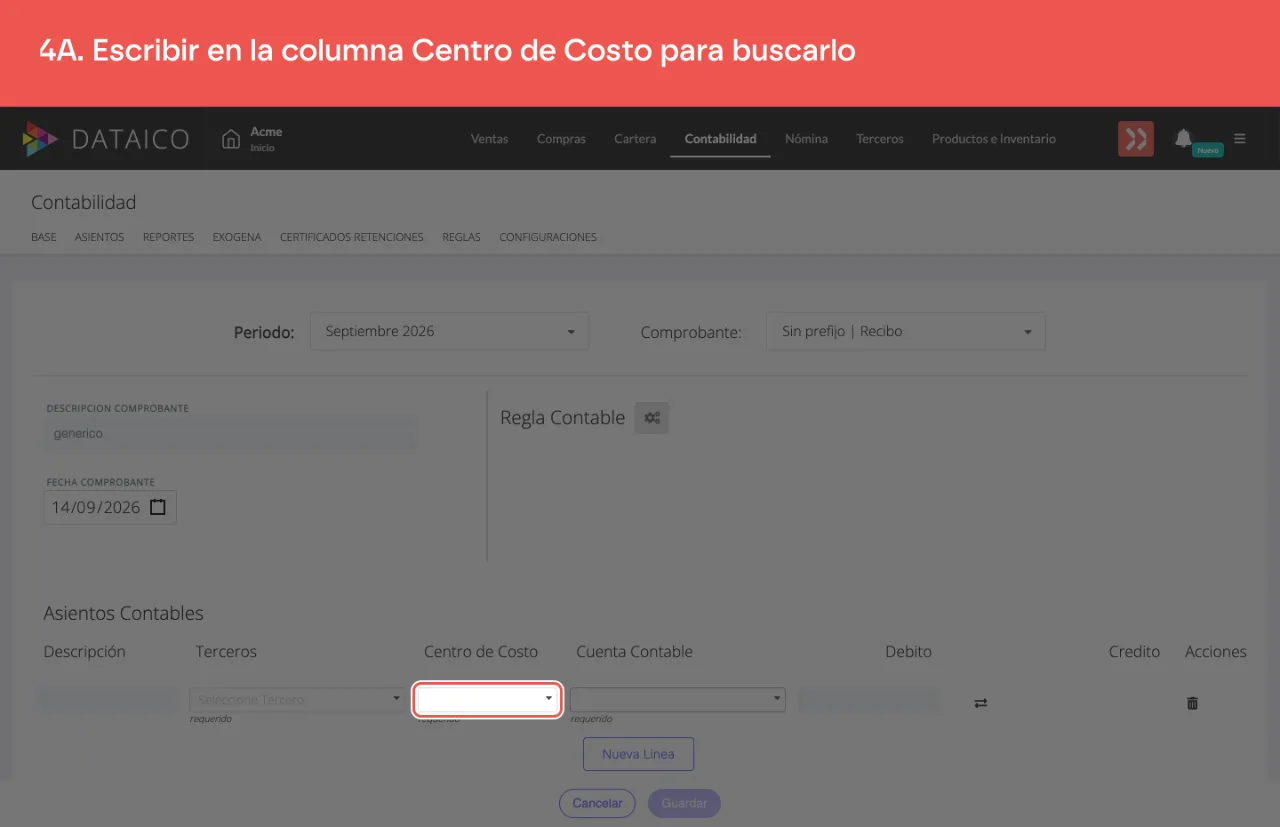 La columna Centro de Costo de la línea, con el texto buscado