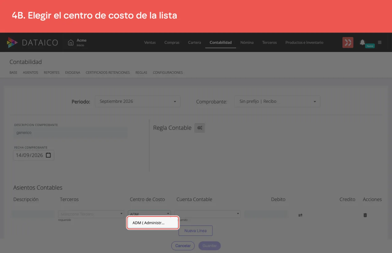 El centro de costo encontrado, listo para asignarse a la línea