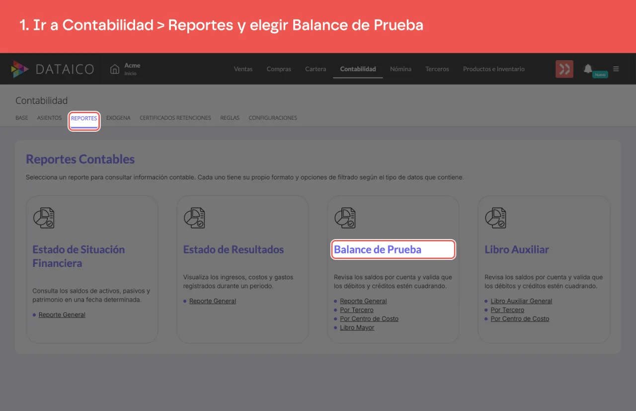 La pestaña Reportes de Contabilidad y la tarjeta del Balance de Prueba