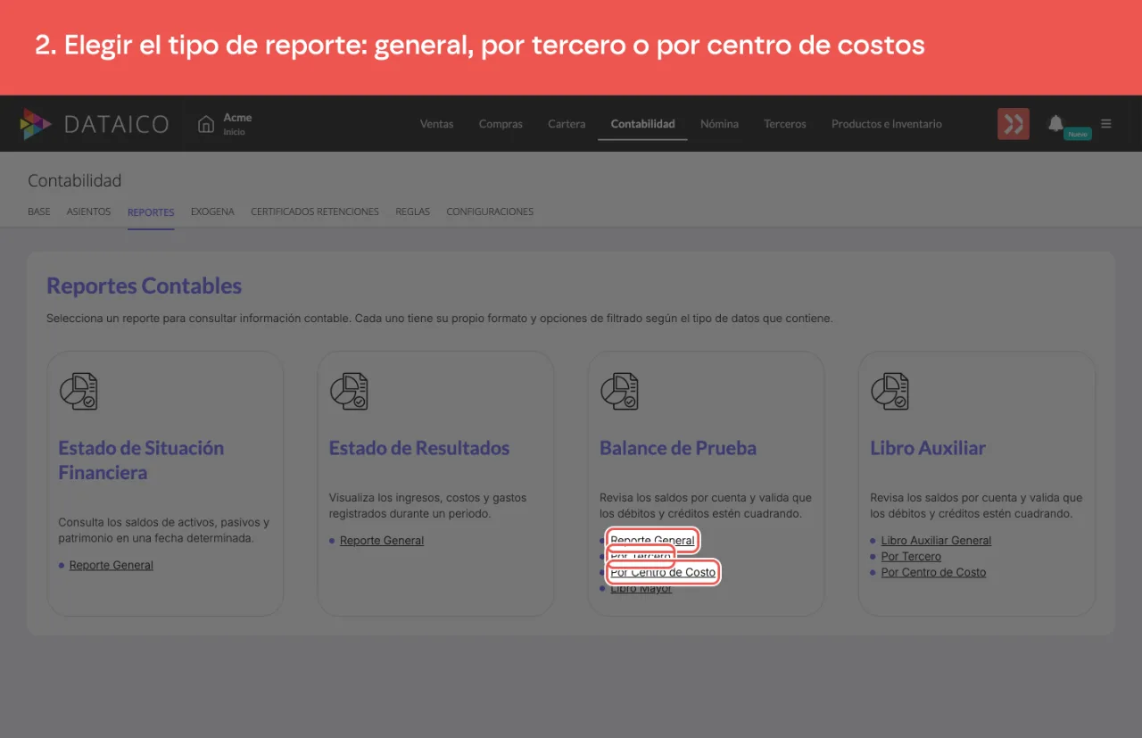 Los tres tipos de balance de prueba dentro de la tarjeta