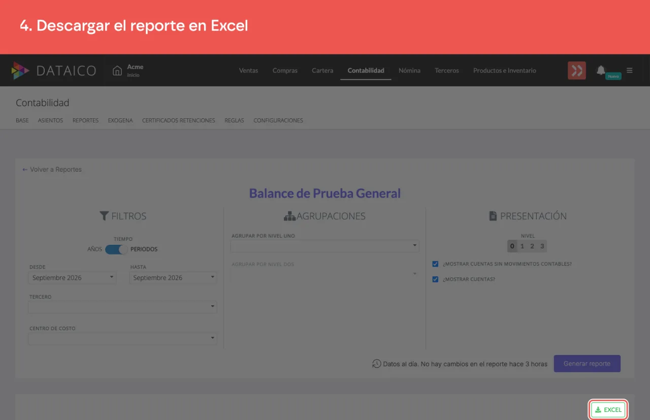 El botón verde de descarga a Excel
