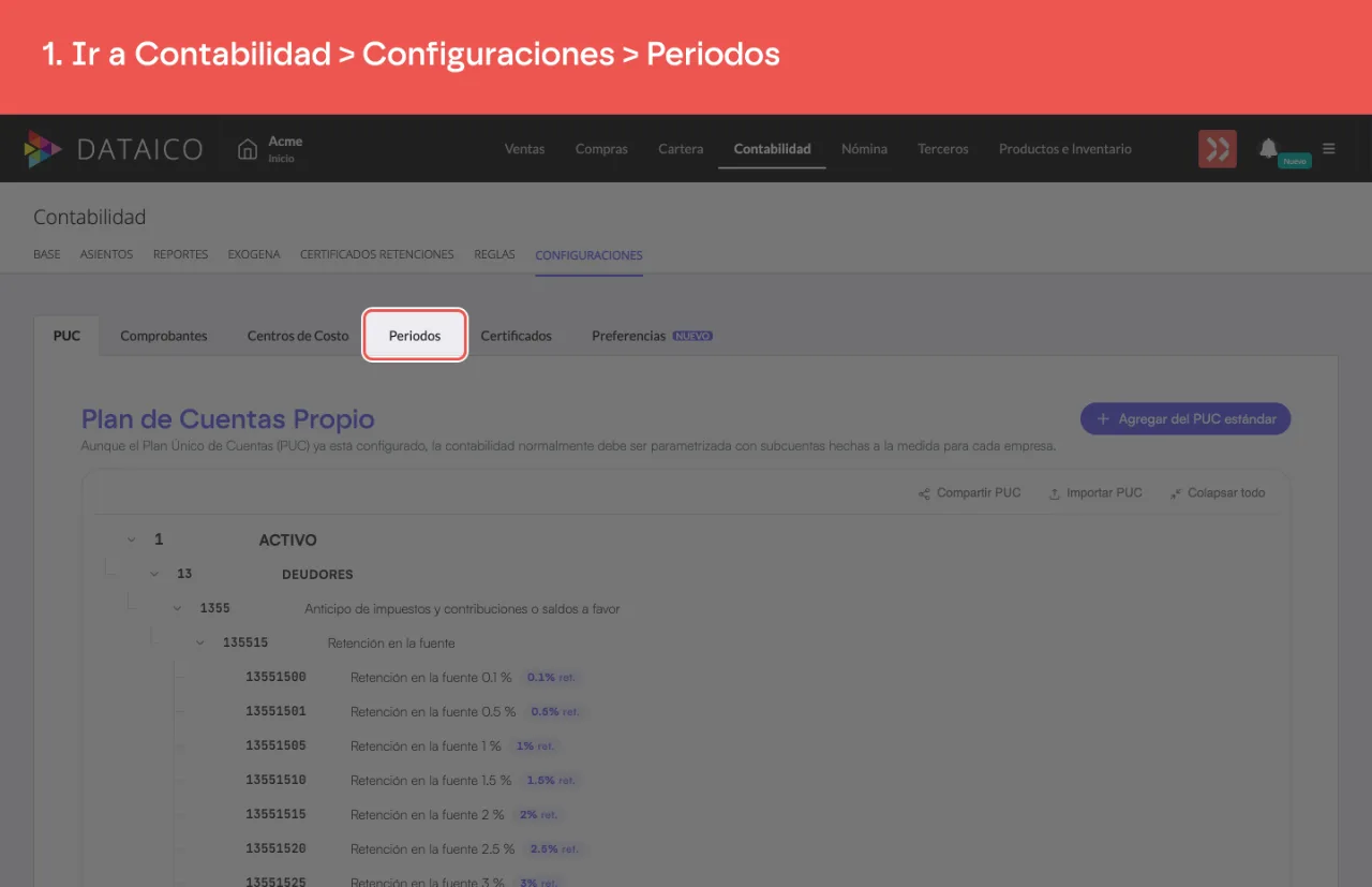 La sub-pestaña Periodos dentro de Configuraciones de Contabilidad