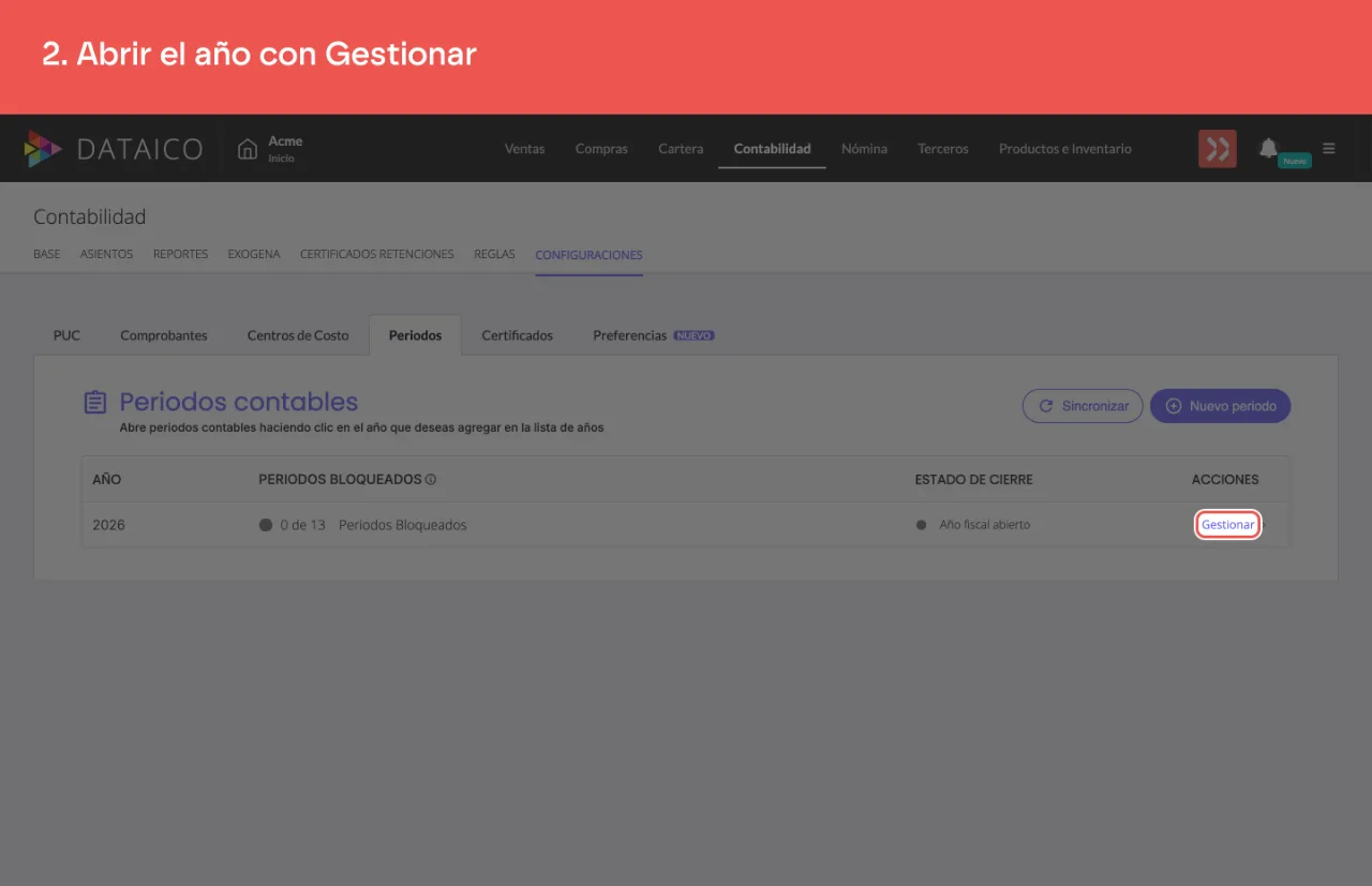 La fila del año contable y su acción Gestionar