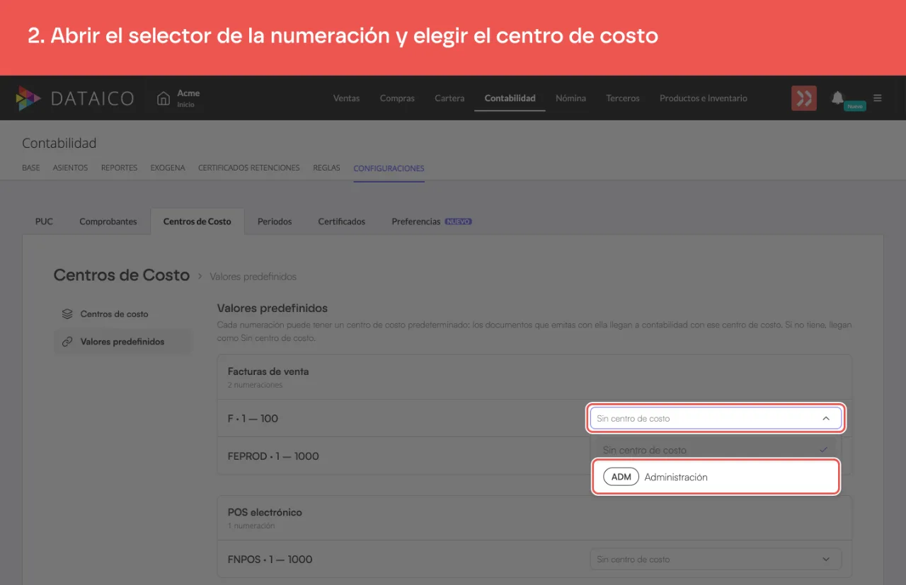 El selector de centro de costo de una numeración, desplegado