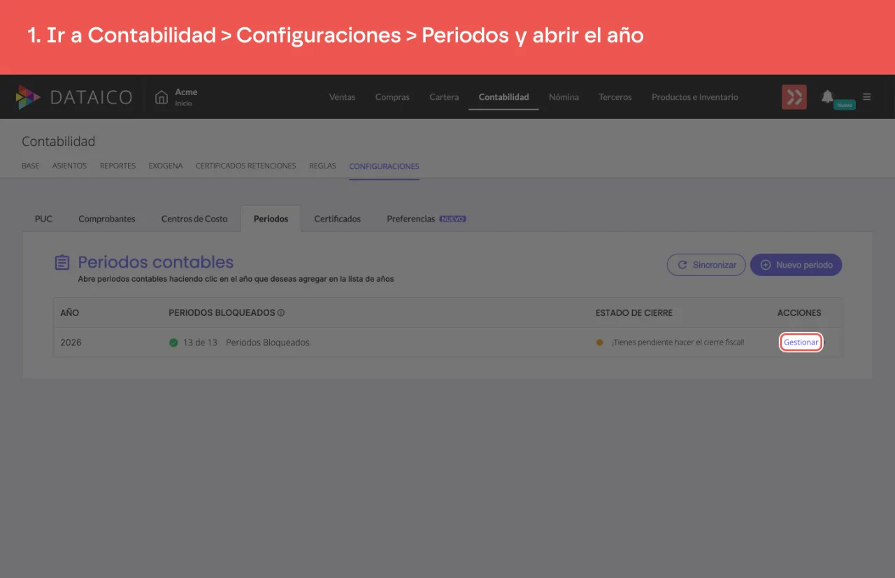 La fila del año contable, con sus periodos bloqueados y su acción Gestionar