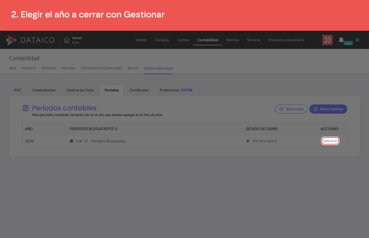La fila del año contable, con su conteo de periodos bloqueados y su acción Gestionar