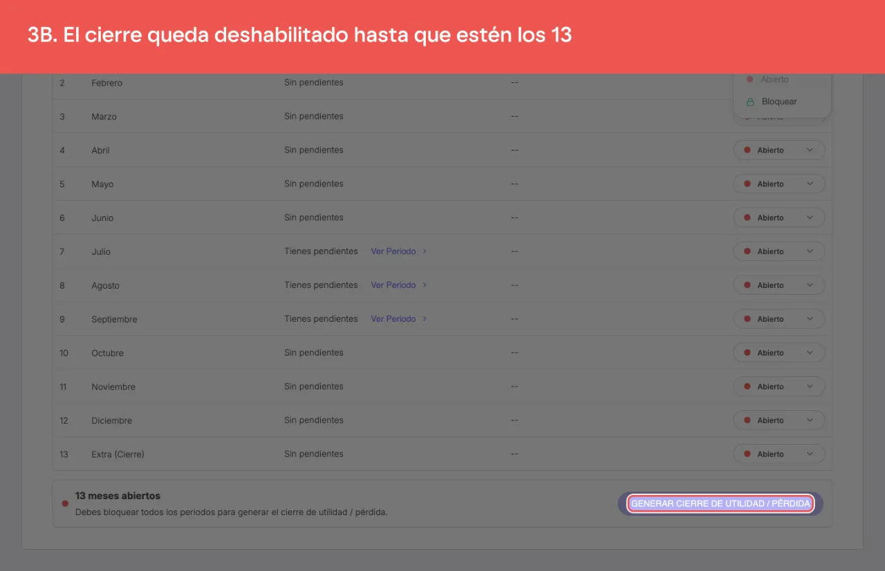 El botón de cierre y el aviso de que faltan periodos por bloquear