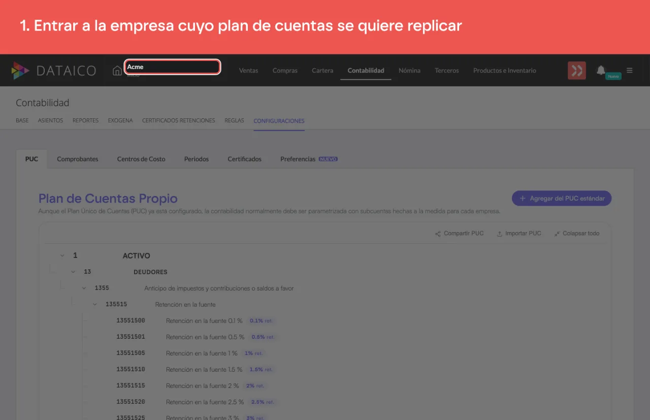 El nombre de la empresa activa, en el encabezado
