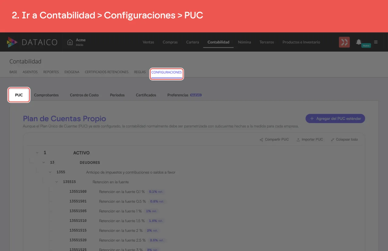 La sección Configuraciones de Contabilidad, en la pestaña PUC