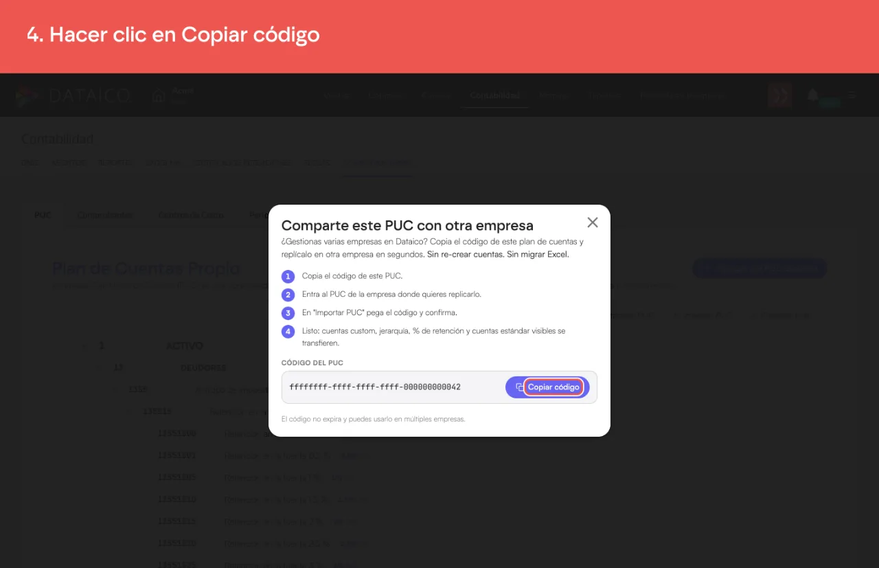 El botón Copiar código del diálogo de compartir