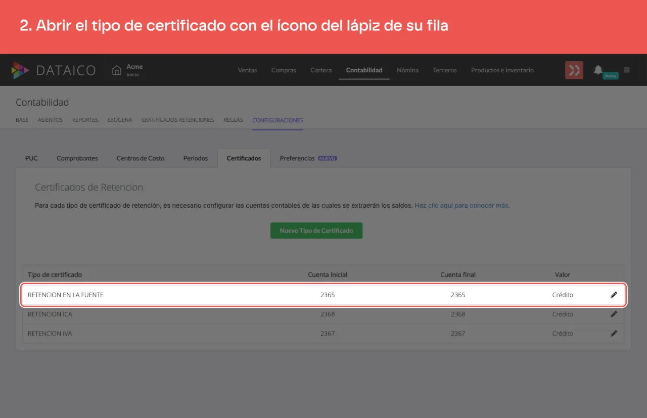 La fila de un tipo de certificado y el lápiz que la abre