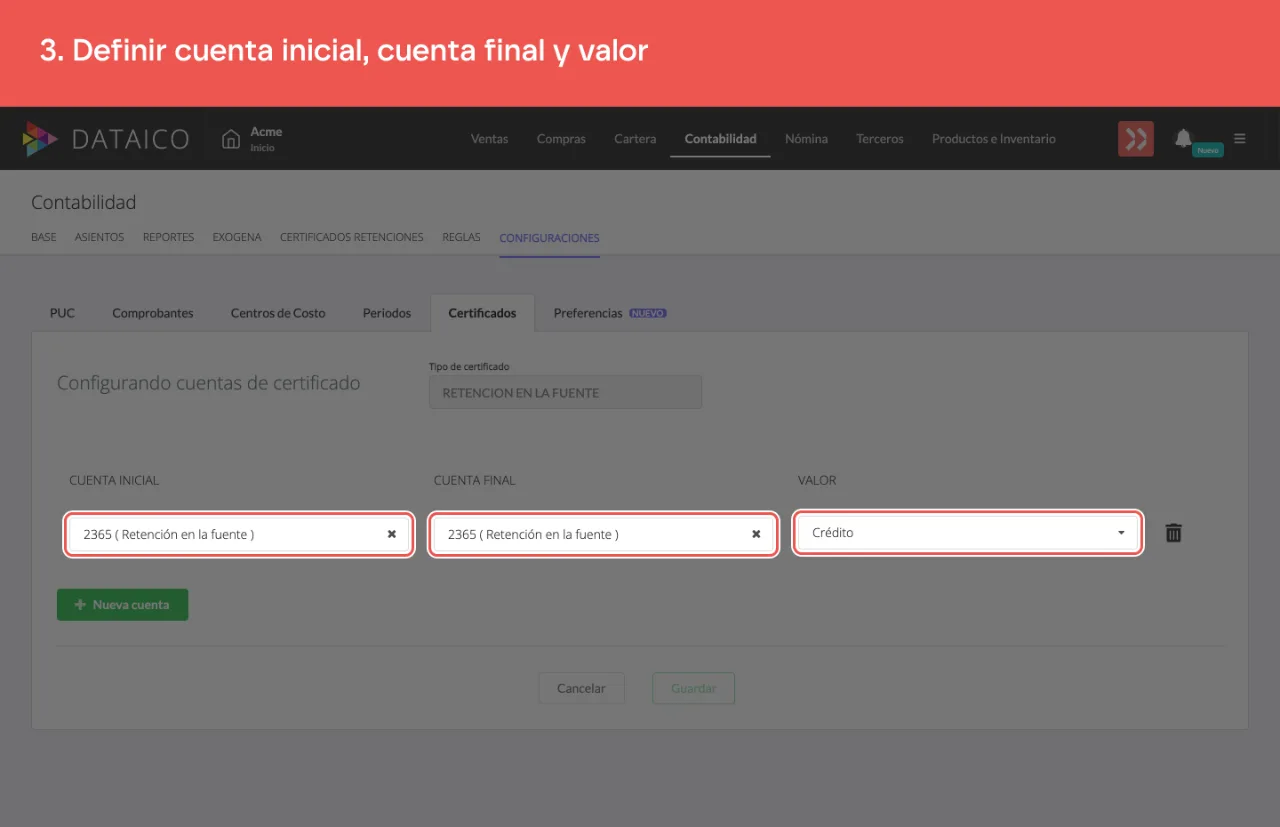 La cuenta inicial, la cuenta final y la fórmula del valor, en una fila
