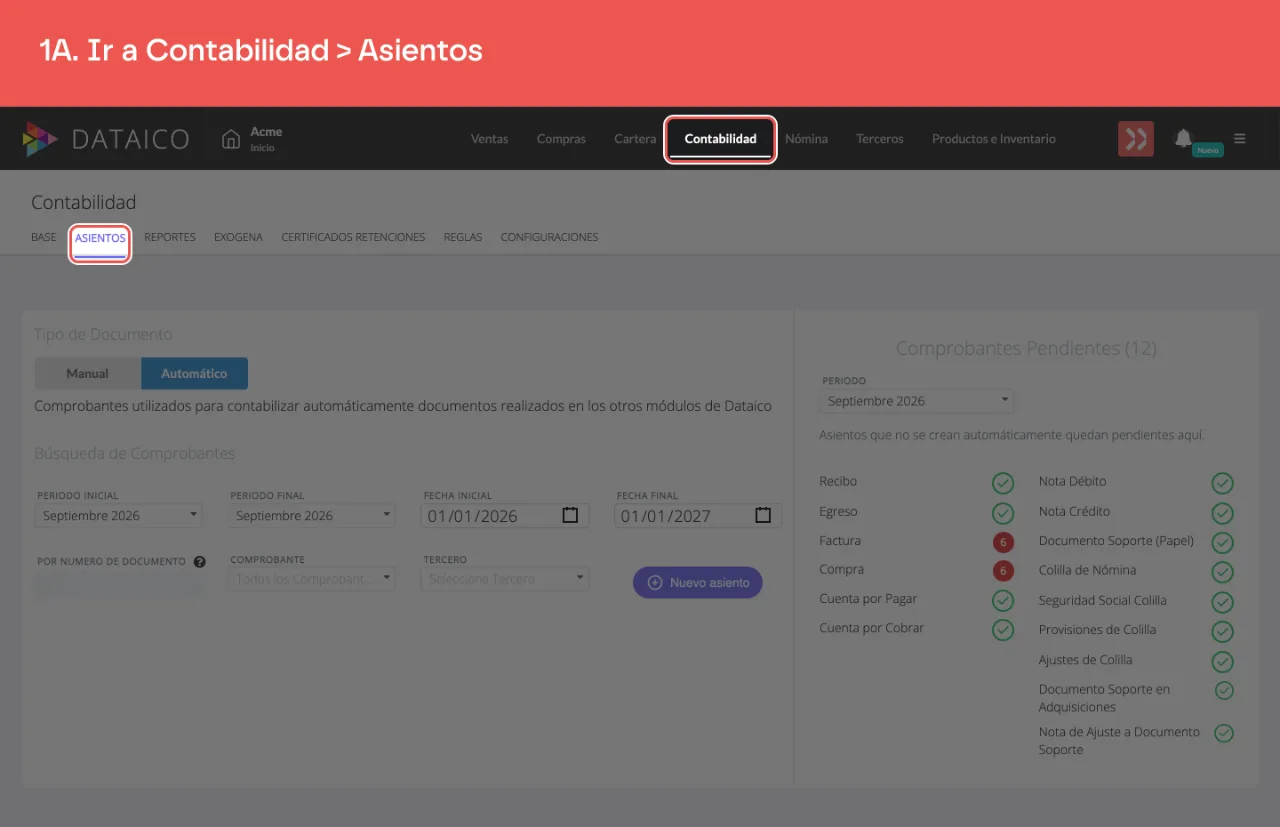 La pestaña Contabilidad del menú principal y, dentro, Asientos