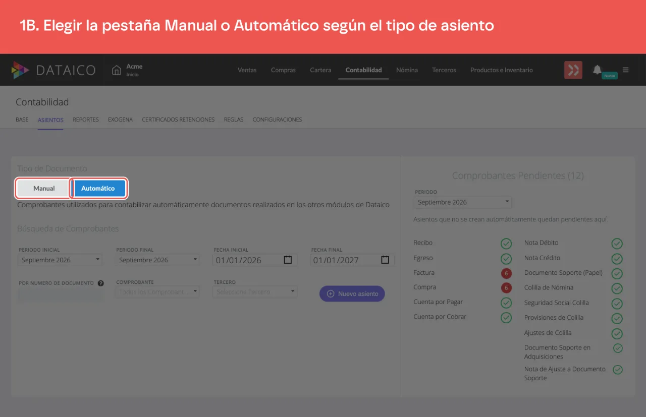 Las pestañas Manual y Automático, arriba del listado de asientos