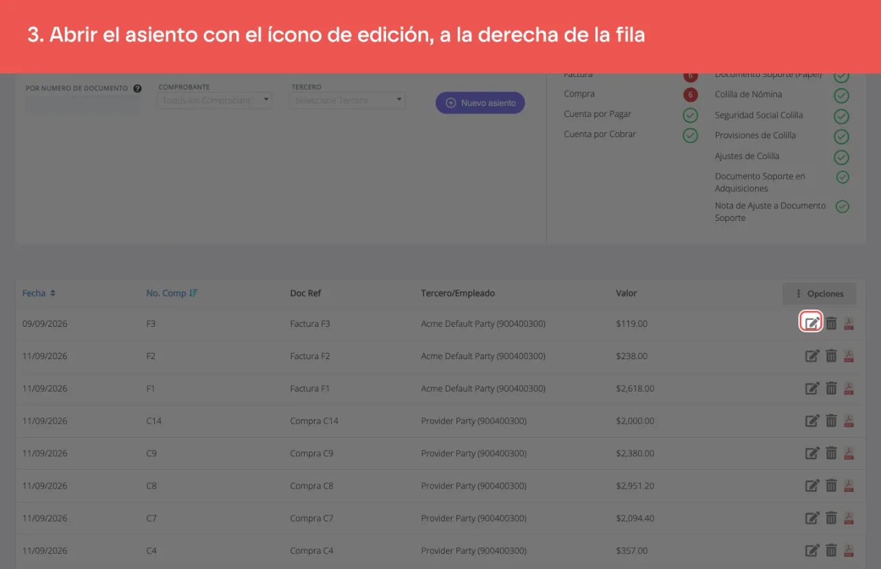 El ícono de lápiz en la primera fila del listado de asientos