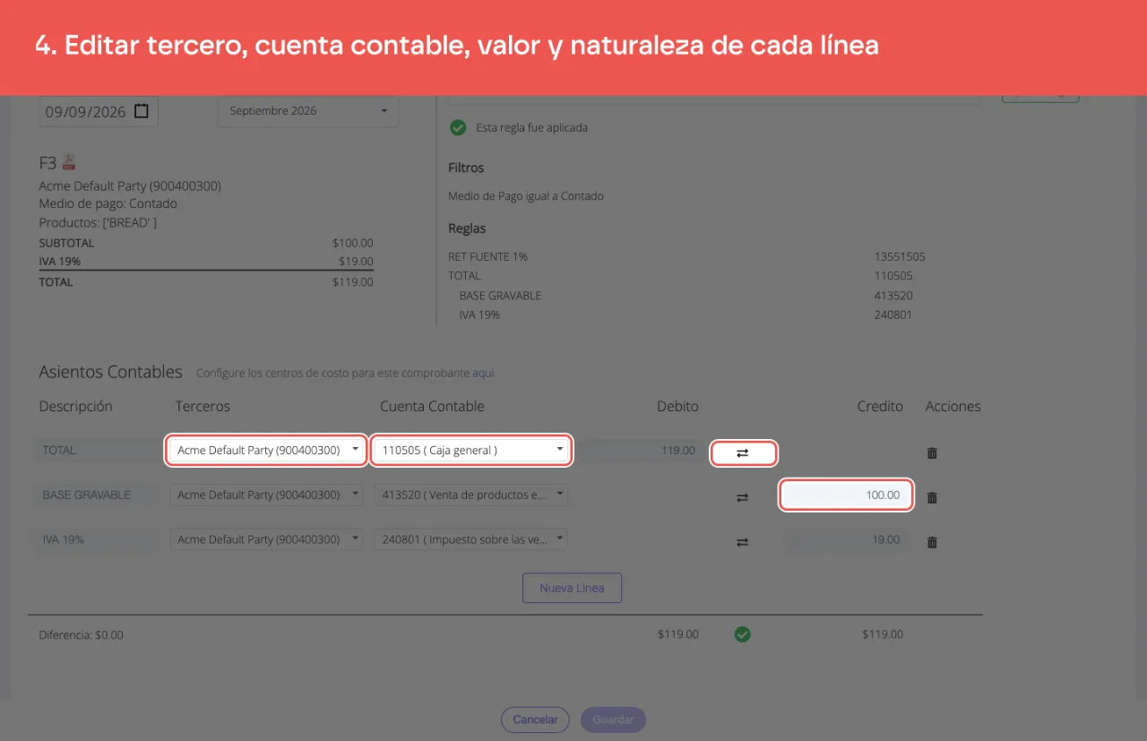 La primera línea del asiento: tercero, cuenta contable, valor y el ícono que cambia la naturaleza entre débito y crédito
