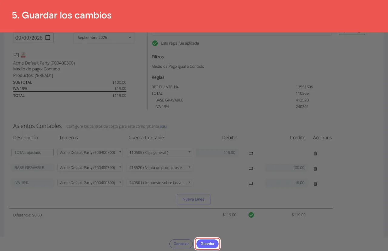 El botón Guardar, en la barra inferior del formulario del asiento