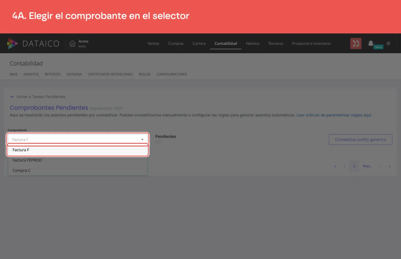 El selector de comprobante de la pantalla de comprobantes pendientes