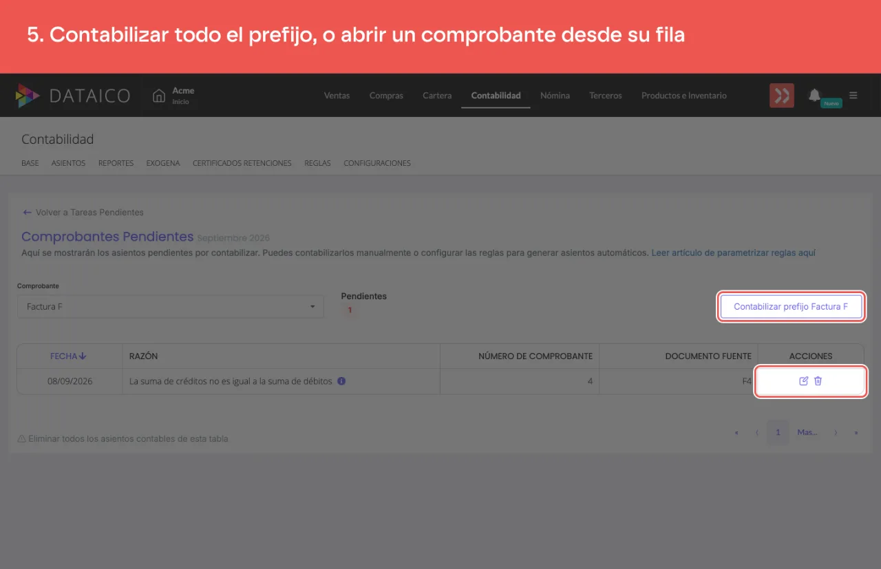 El botón que contabiliza todo el prefijo y los íconos de editar y eliminar de la fila