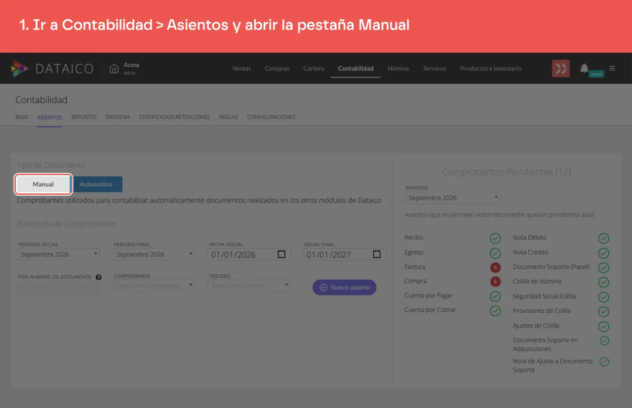 La pestaña Manual del listado de asientos contables