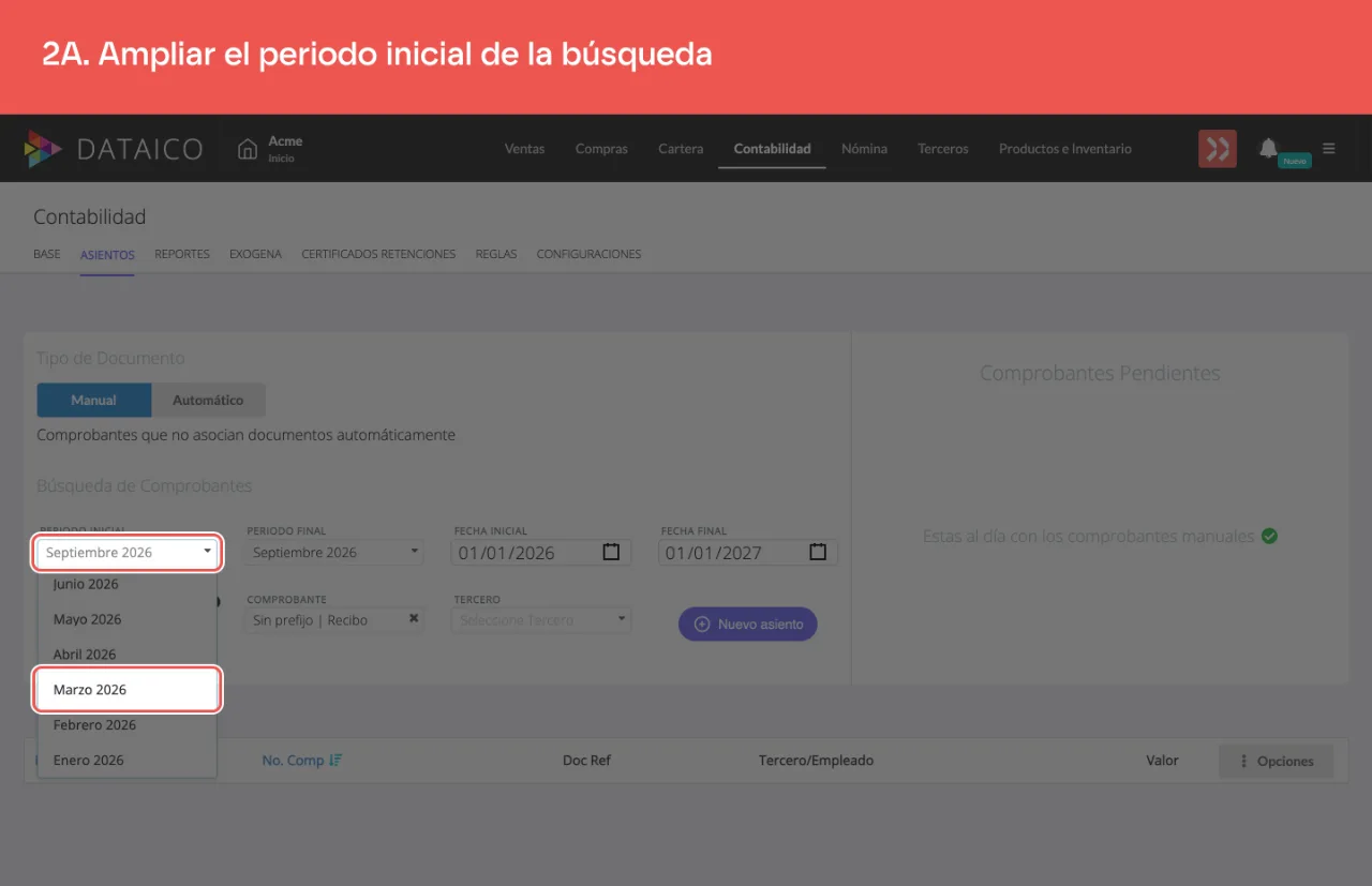 El filtro de periodo inicial de la búsqueda de comprobantes