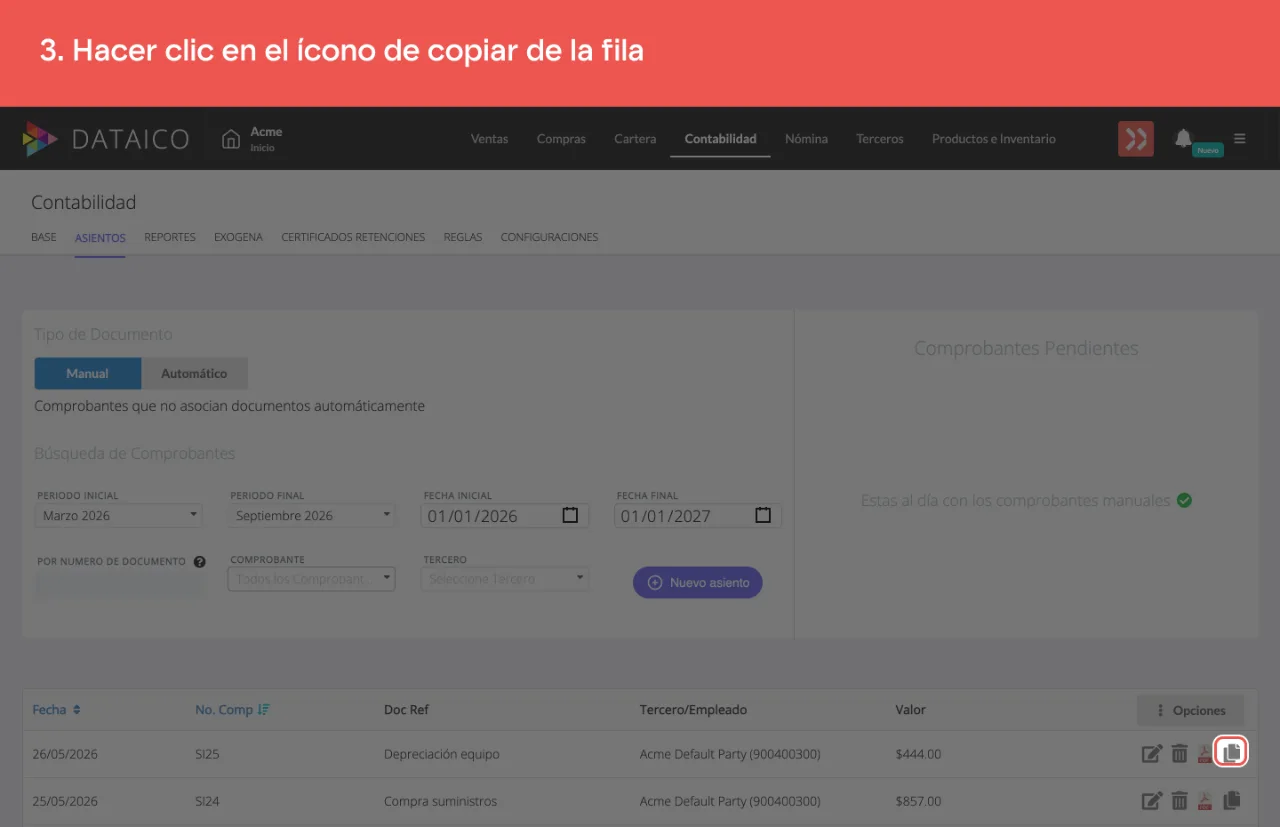 El ícono de copiar, a la derecha de la fila del comprobante